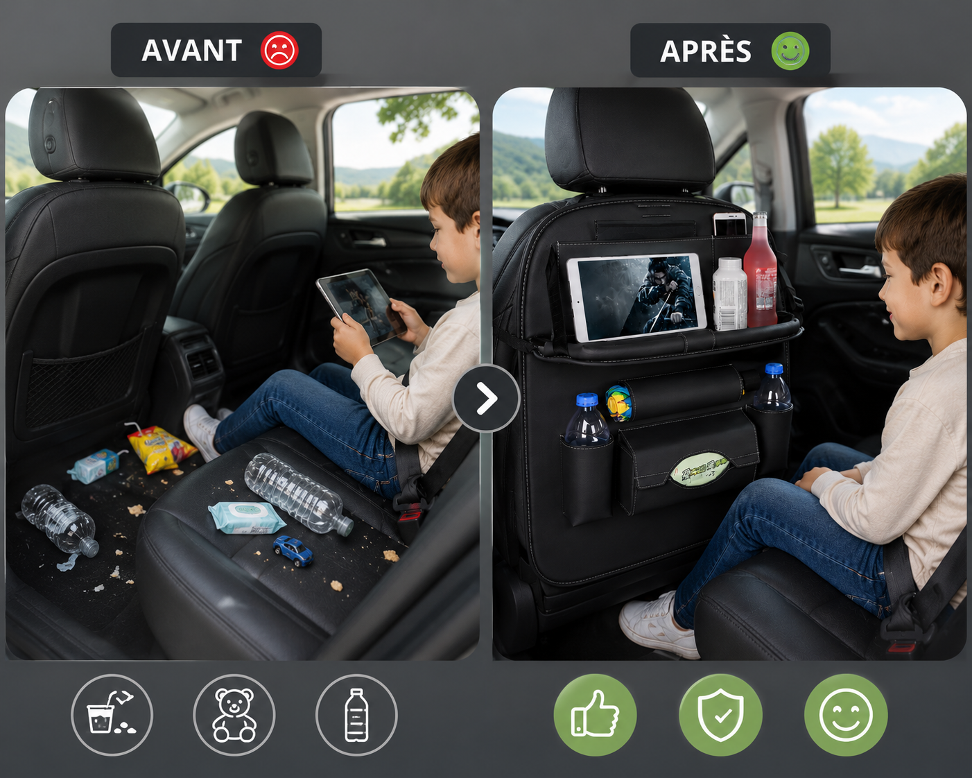 Organisateur de Siège Auto Multipoches – Simili-Cuir, Tablette & Porte-Boissons