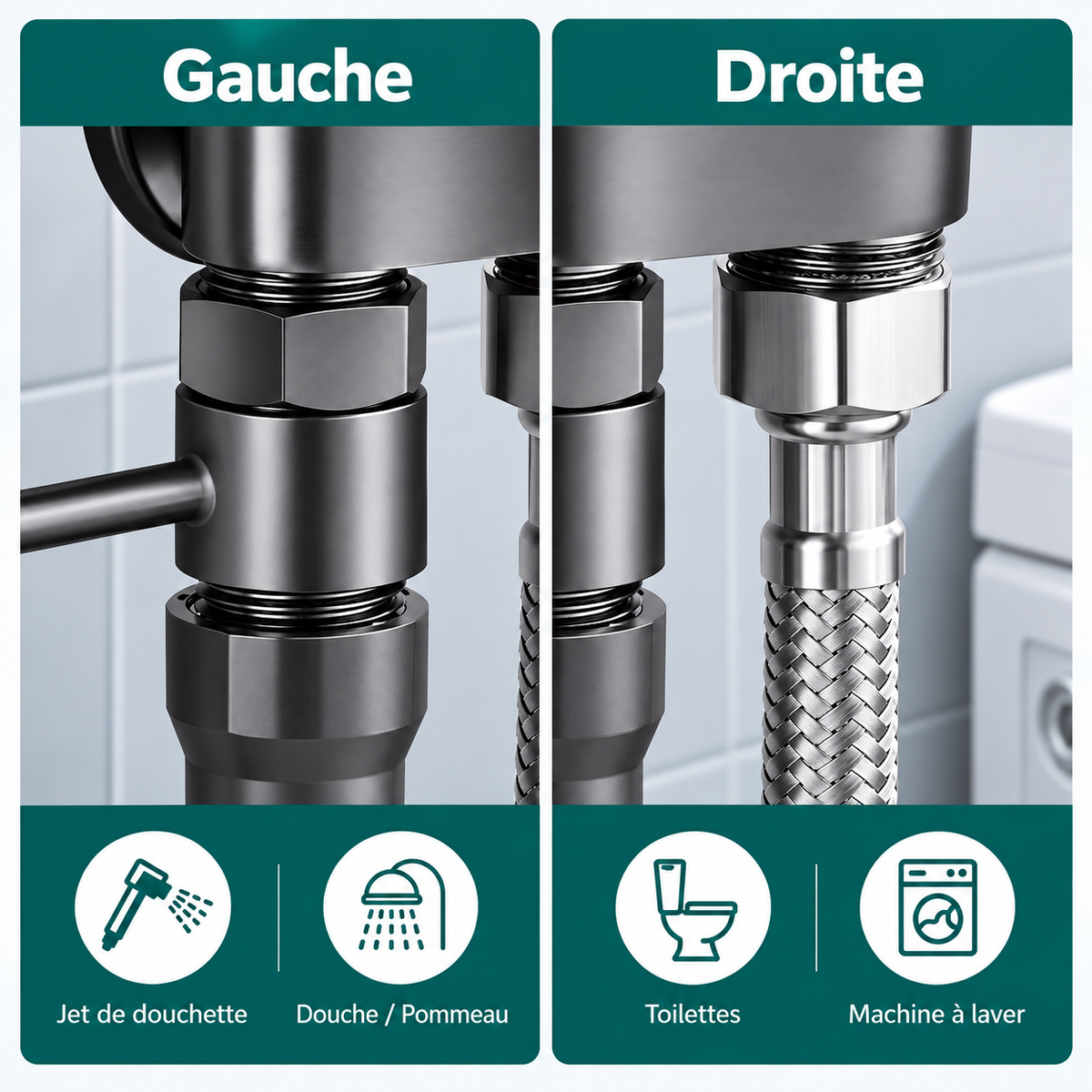 Kit Douchette WC 2 en 1 – Vanne double sortie + flexible spiralé 2 m