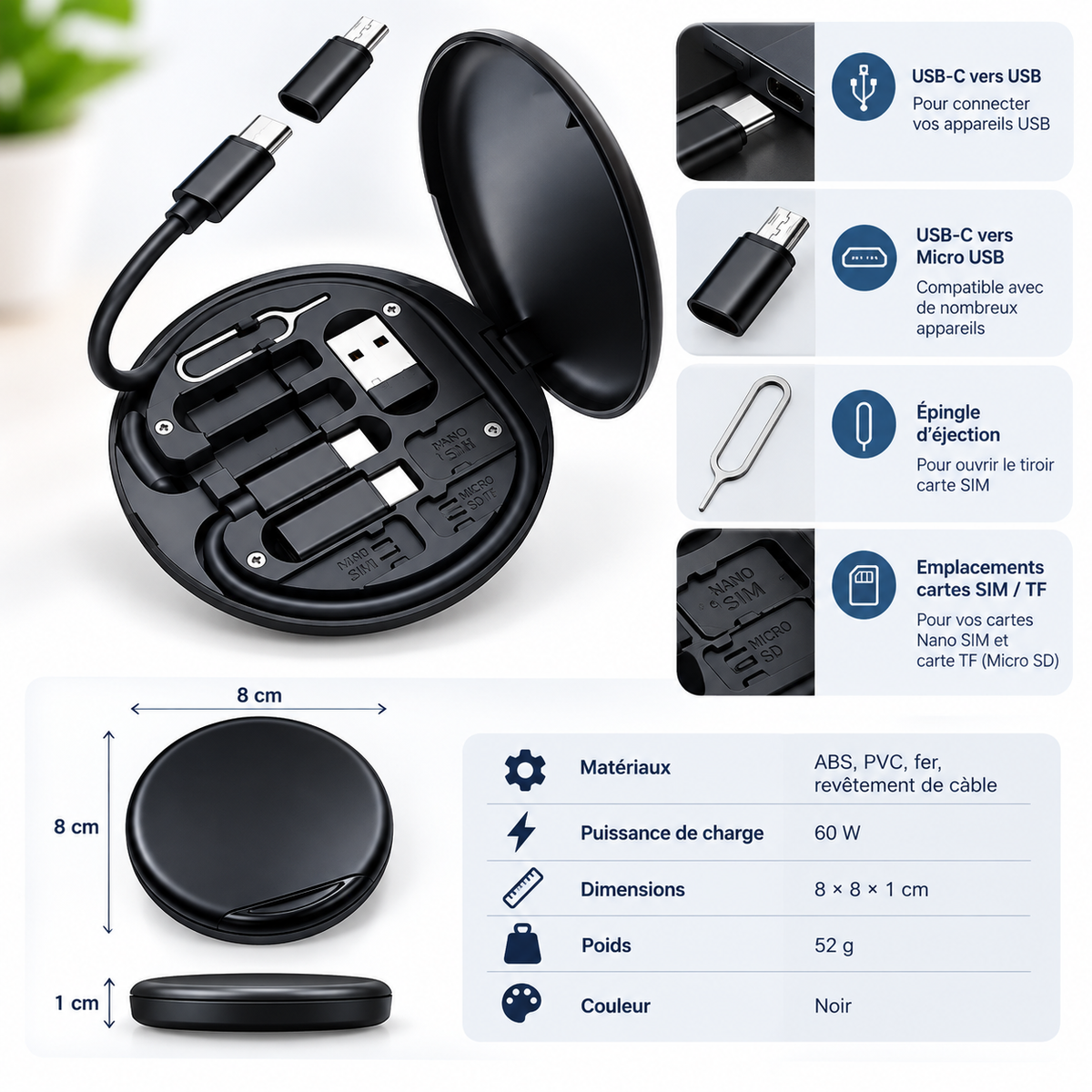 Kit Câbles Tout-en-Un – Boîtier de Poche USB-C / Micro-USB / USB-A