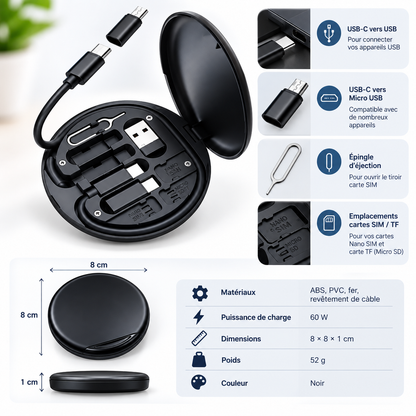 Kit Câbles Tout-en-Un – Boîtier de Poche USB-C / Micro-USB / USB-A