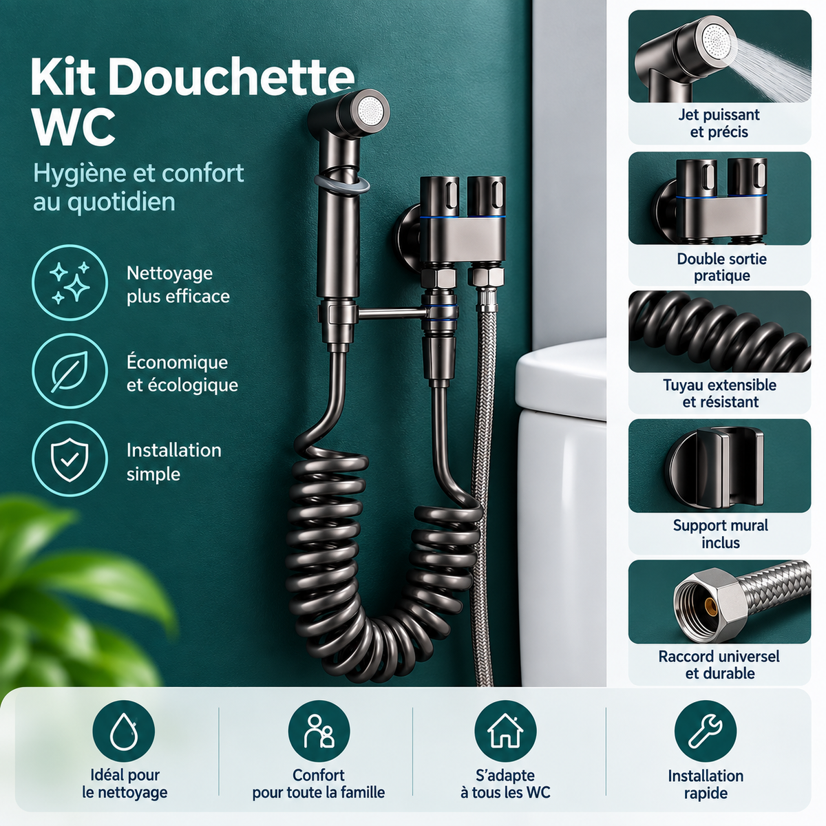 Kit Douchette WC 2 en 1 – Vanne double sortie + flexible spiralé 2 m
