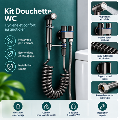 Kit Douchette WC 2 en 1 – Vanne double sortie + flexible spiralé 2 m