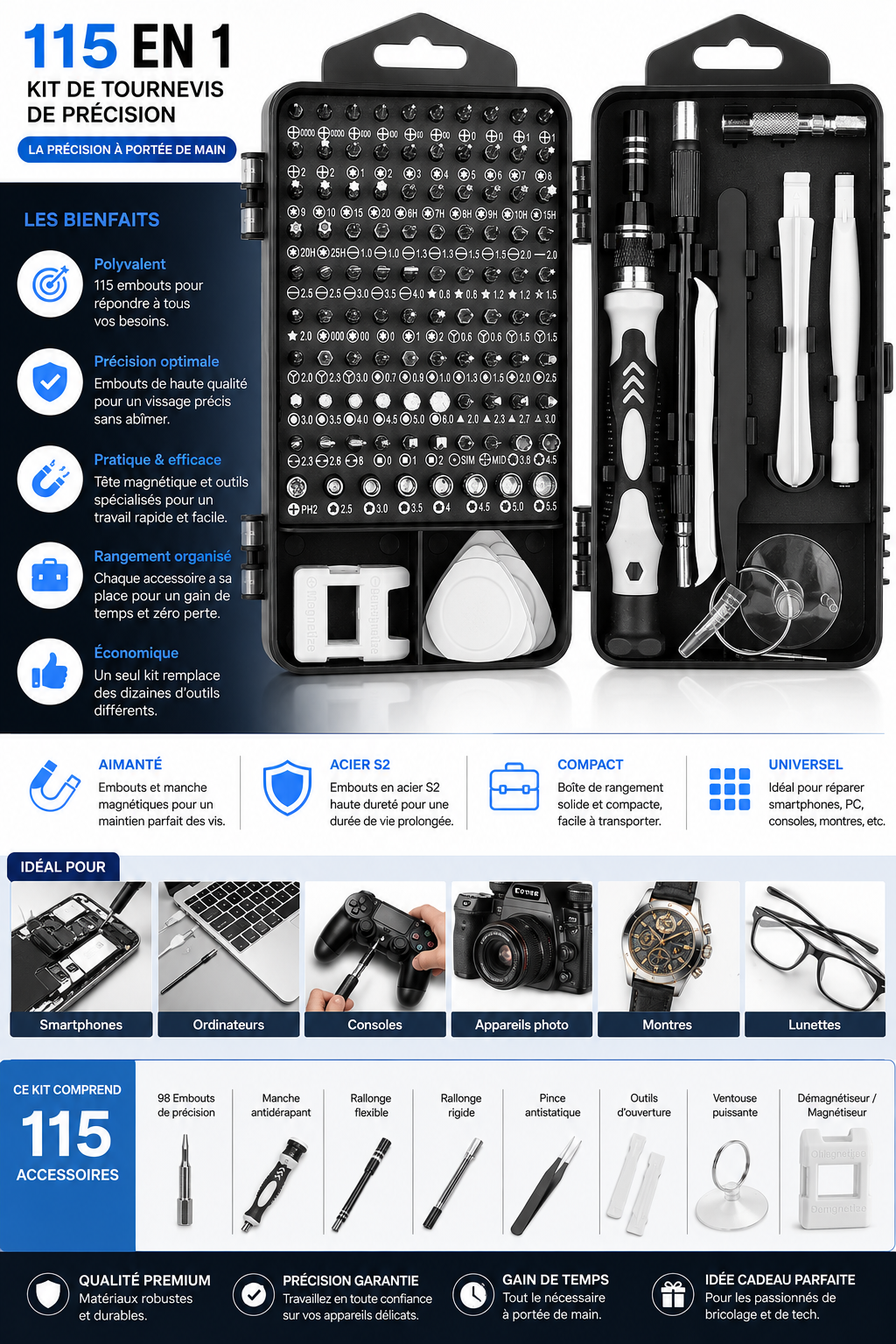 Kit de tournevis de précision - pince, spatules et ventouse de démontage