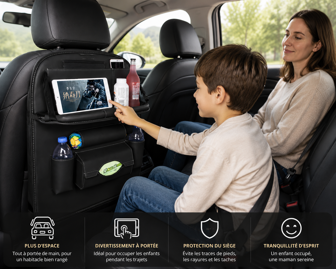 Organisateur de Siège Auto Multipoches – Simili-Cuir, Tablette & Porte-Boissons