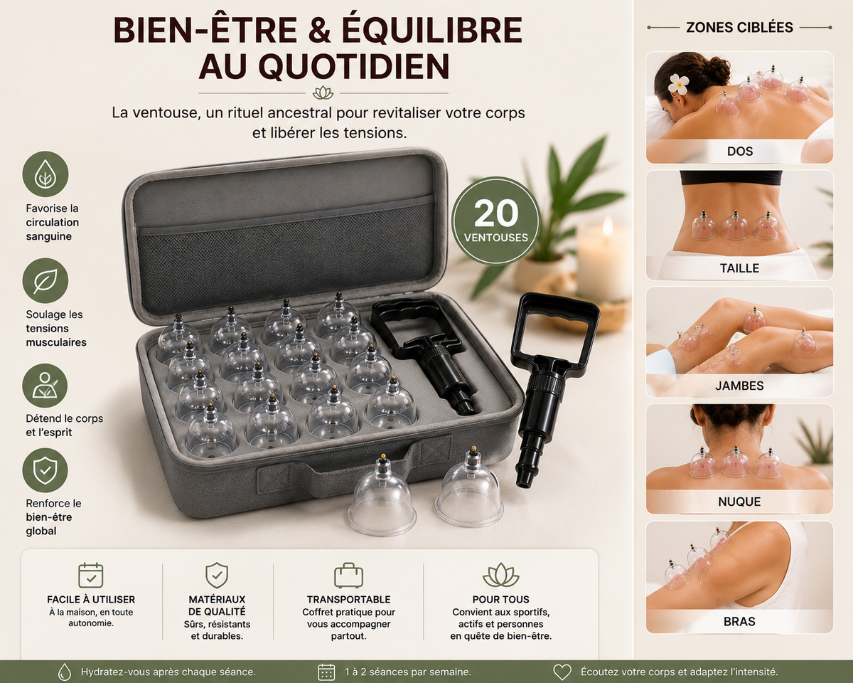 Kit 20 Ventouses de Massage — Coffret Complet avec Pompe